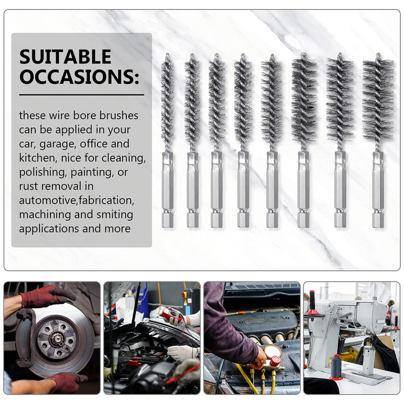 [Australia - AusPower] - 8 Pieces Wire Brush Drill Bore Cleaning Brush Set with 1/4 Inch Hex Shank Stainless Steel Wire Twisted Brush for Drill Impact Driver, 8 Sizes Silver 