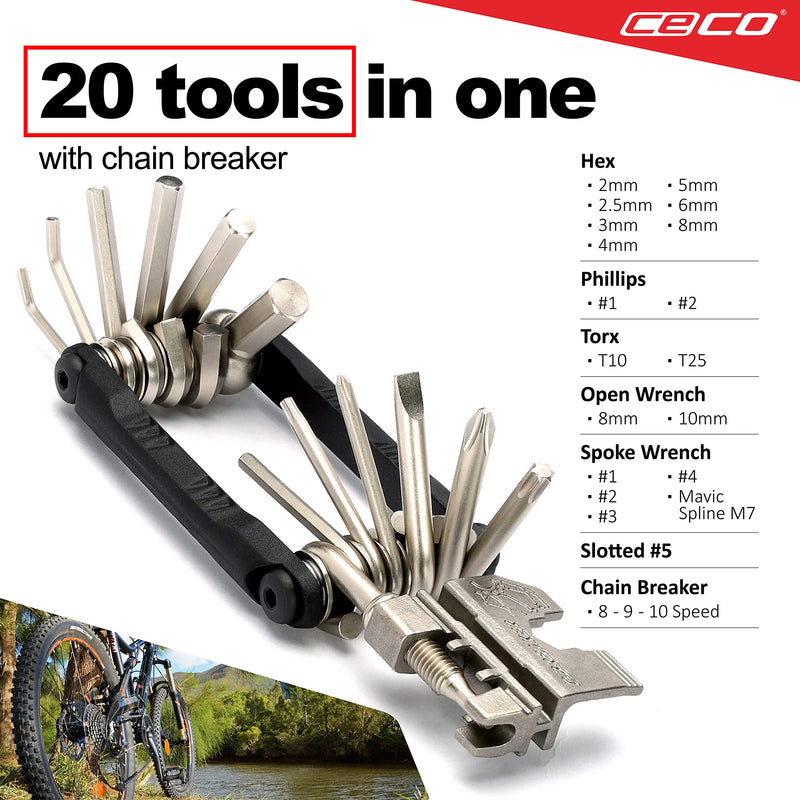 [Australia - AusPower] - CECO-USA 20 Function Bike Tool with Chain Breaker – Bicycle Multi Tool – Heavy Duty, Compact Pocket Sized, Lightweight – High Strength CR-V 6150 Tool Steel – Easy To Carry 