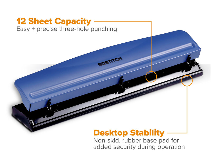 [Australia - AusPower] - Bostitch Office 3 Hole Punch, 12 Sheet Capacity, Metal, Rubber Base, Easy-Clean Tray, Navy Blue (KT-HP12-BLUE) 