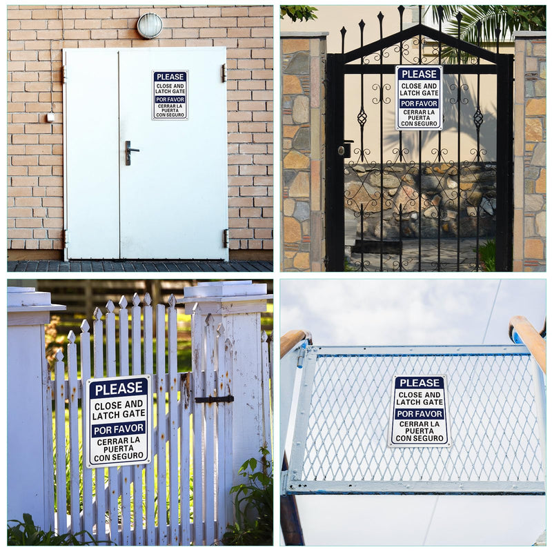 [Australia - AusPower] - Blulu 4 Pcs Please Close and Latch Gate Sign Bilingual English Spanish Keep Gate Closed Signs Metal 10" x 7" Door Closed Signs Reflective Sturdy Rust Aluminum Weatherproof Easy to Install (Blue) Blue 
