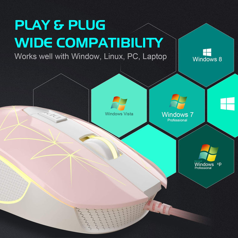 [Australia - AusPower] - MageGee G6 Wired Gaming Mouse, Ergonomic USB Optical Mouse with 7 Colors Breathing LED Backlit, 6 Adjustable DPI Levels from 600 to 3200 for Laptop PC Computer Games & Work, Pink 