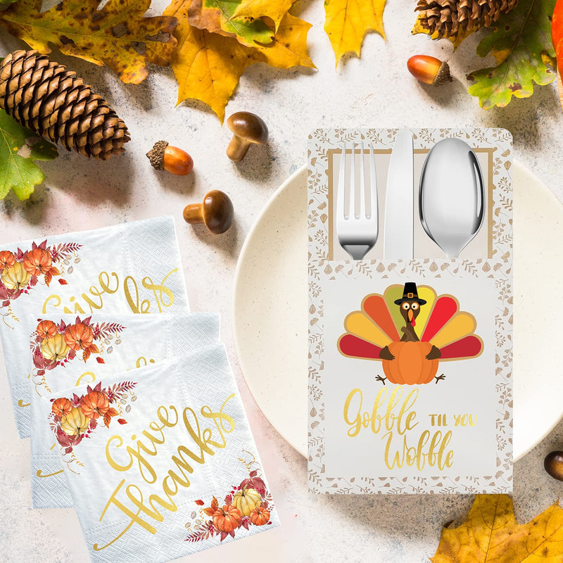 [Australia - AusPower] - Thanksgiving Napkins, 50 Count Gold Foil Napkins Paper w 18 Count Cutlery Holders, Give Thanks Decorations for Autumn Leaves Fall Harvest Wedding Table Disposable Centerpiece Decor 