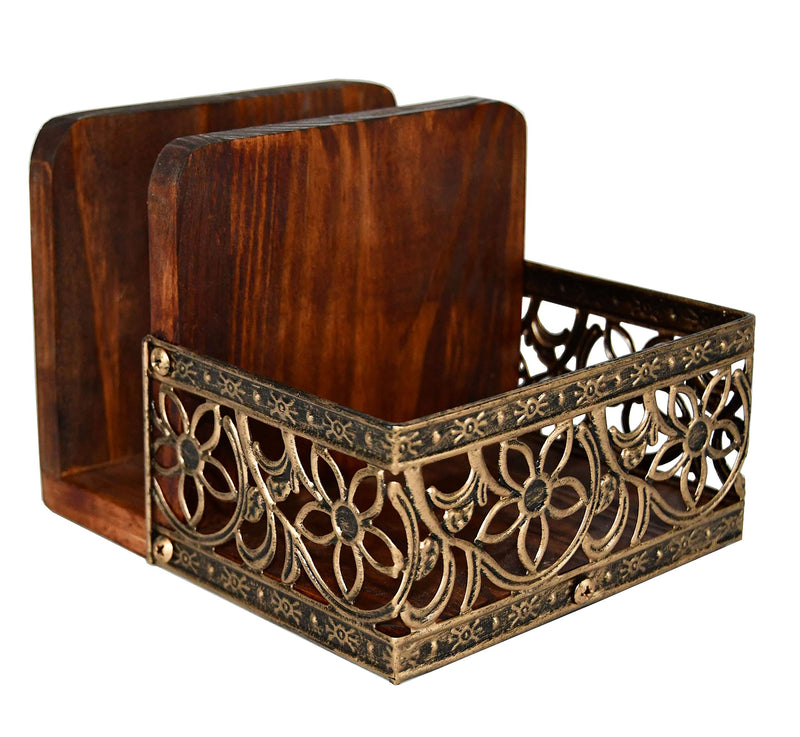 [Australia - AusPower] - Owlgift Two-in-one Rustic Brown Wood Condiment Tabletop Serving Caddy with Napkin Holder, Metal & Wooden Napkin Holder, Freestanding Salt & Pepper Napkin Holder, Malfunction Salt Pepper Storage Holder Brown & Bronze 