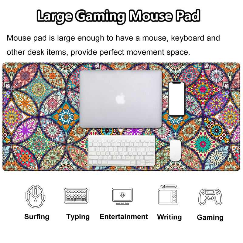 [Australia - AusPower] - EkuaBot Mandala Large Gaming Mouse Pad (35.4×15.7 in, 3mm Thick), Non-Slip Rubber Base and Reinforced Lock Edges, XXL Extended Mousepad for Work, Game, Desk mat, Desktop Decoration 