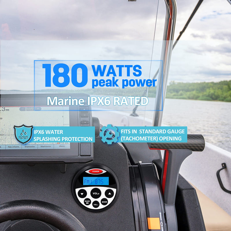 [Australia - AusPower] - GUZARE Boat Marine Stereo Receiver Bluetooth - 45 x 4 Watts Audio AM FM Gauge Waterproof Radio Tuner Streaming for Boats Golf Cart ATV UTV and Spa Hot Tubs GR304 Round Radio 