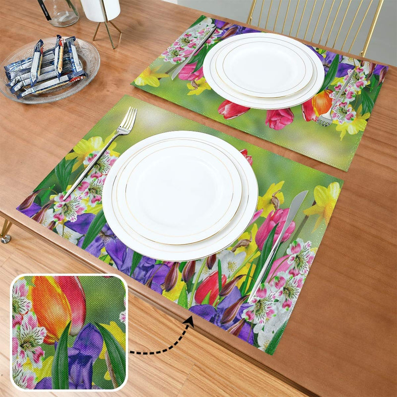 [Australia - AusPower] - Vdsrup Spring Tulips Flowers Placemats Set of 4 Summer Daffodils Daisy Florals Table Mats Burlap Placemat Washable Non-Slip Heat Resistant Place Mats for Party Kitchen Dining Decorations 12 X 18 Inch 4PCS 