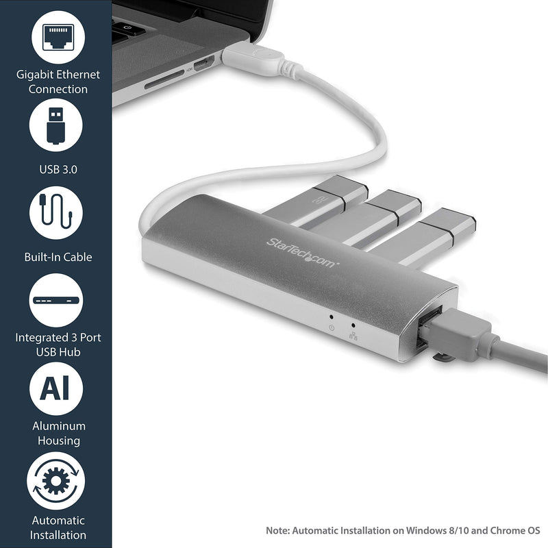 [Australia - AusPower] - StarTech.com 3-Port USB 3.0 Hub with Gigabit Ethernet - Up to 5Gbps - Portable USB Port Expander with Built-in Cable (ST3300G3UA) Silver w/ 3 USB Ports 