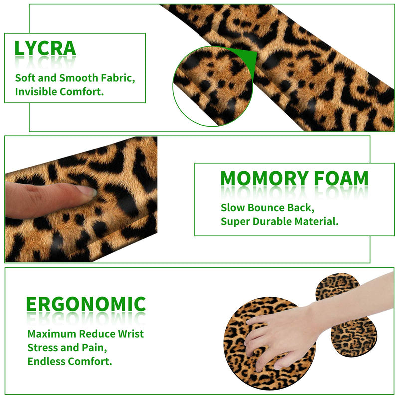 [Australia - AusPower] - Ergonomic Keyboard Wrist Rests Gel Memory Foam Mouse Pad with Round Mousepad + Coasters, Wrist Support Set with Non Slip Base for Gaming Office Laptop Easy Typing & Pain Relief, Leopard Print 