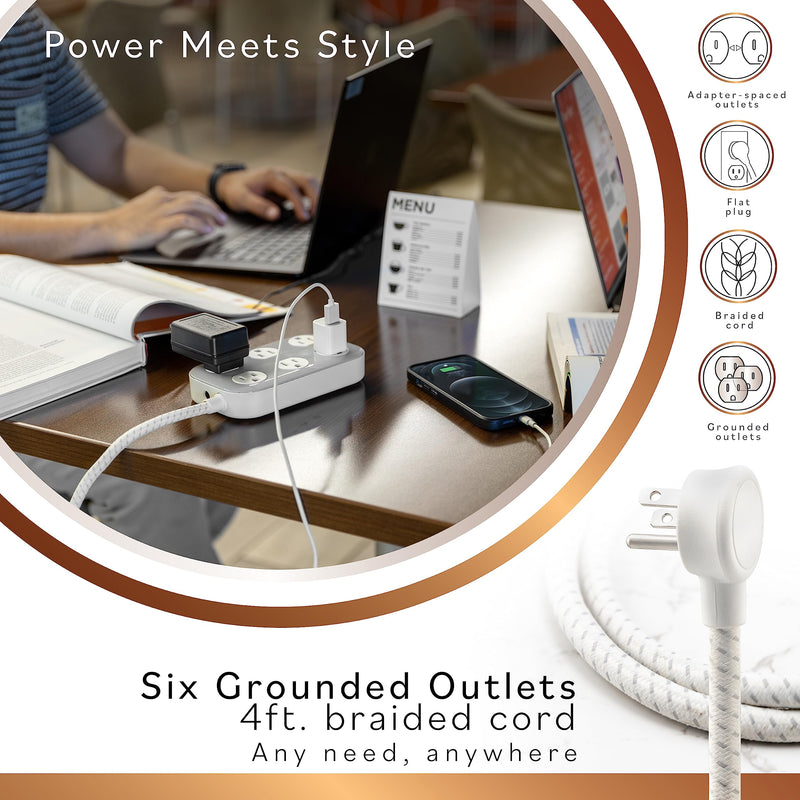 [Australia - AusPower] - Cordinate 6-Outlet Surge Protector, Braided Cord, 4ft, Cream/Gray, Adapt Series, 78844 Gray 6 Outlet | 4ft Cord 