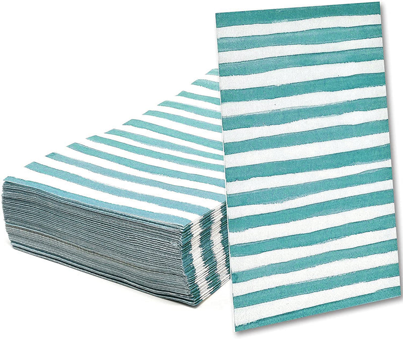 [Australia - AusPower] - 100 Teal & White Stripe Guest Napkins 3 Ply Disposable Paper Pack Aqua Blue Striped Dinner Hand Napkin for Bathroom Powder Room Wedding Holiday Birthday Party Bridal & Baby Shower Decorative Towels Teal Stripe 