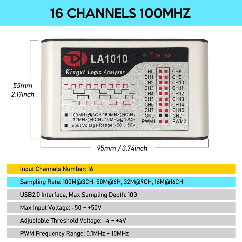[Australia - AusPower] - LA1010 USB Logic Analyzer 16 Input Channels 100MHz with The English PC Software Handheld Instrument,Support Windows (32bit/64bit),Mac OS,Linux LA1010 