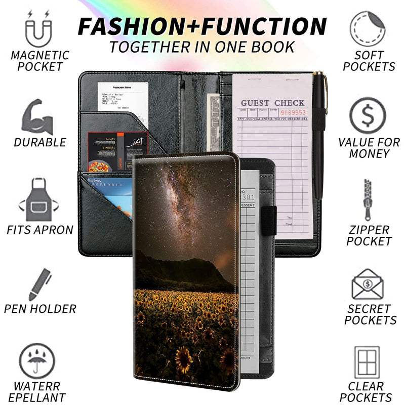 [Australia - AusPower] - Server Books for Waitress, Dikoer PU Leather Server Books for Waitress with Zipper and 7 Large Pockets Pen Holder for Checks Pen Holder Personal Organizer Wallet Fit Serving Aprons, Galaxy Sunflower 158 