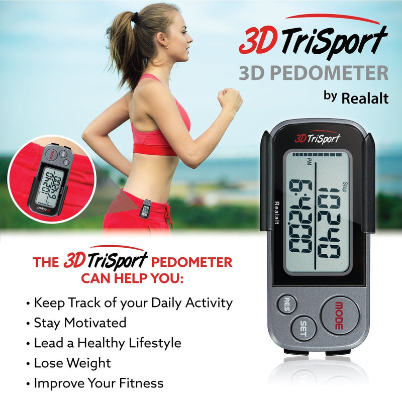 [Australia - AusPower] - Realalt 3DTriSport Walking 3D Pedometer with Clip and Strap, Free eBook | 30 Days Memory, Accurate Step Counter, Walking Distance Miles/Km, Calorie Counter, Daily Target Monitor, Exercise Time. Grey/Black 