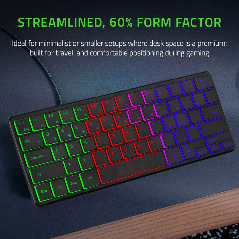 [Australia - AusPower] - Gaming Keyboard, 64 Keys Compact Ultra Thin Portable Wired Keyboard with Silent Click RGB Backlit Ergonomic Stand, 60% Mini Keyboard for Gamers Office Mac Windows PC Laptop (Black) Black 