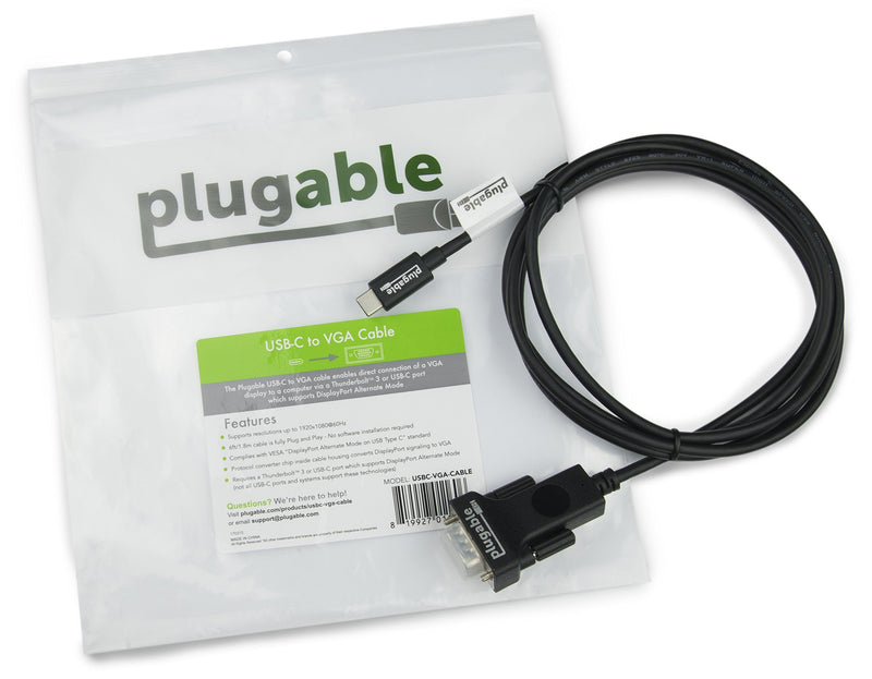 [Australia - AusPower] - Plugable USB C to VGA Cable - Connect Your USB-C or Thunderbolt 3 Laptop to VGA Displays up to 1920x1080@60Hz (Compatible with 20189 MacBook Pros, Dell XPS 13 and 15, Surface Book 2), 6 Feet, 1.8m 