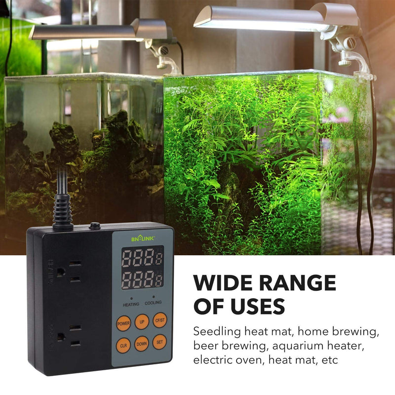 [Australia - AusPower] - BN-LINK Digital Temperature Controller Heating Cooling 2-Stage Outlet Thermostat Controller Plug for Reptiles Aquarium Carboy Homebrew Breeding Fermenter Seed Germination °C/°F -40-176°F 15A/1875W 