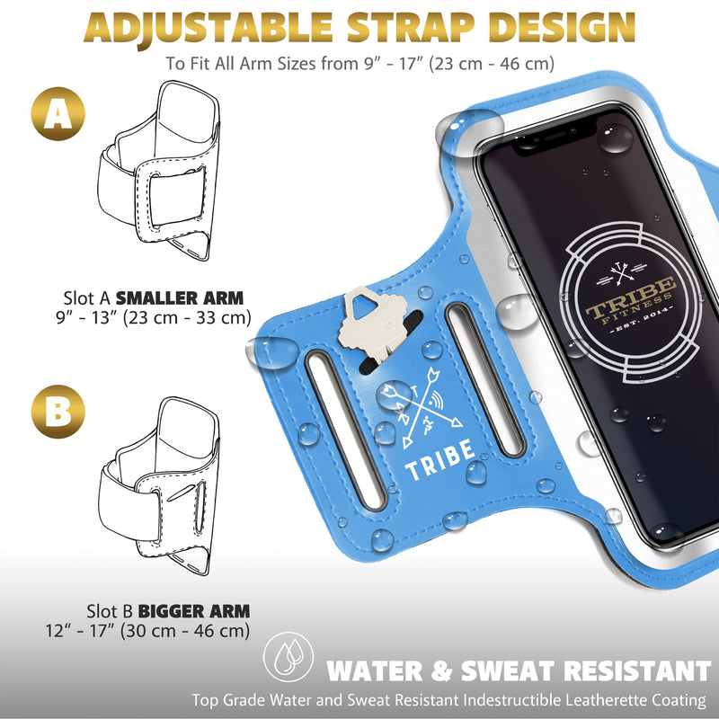 [Australia - AusPower] - TRIBE Running Phone Holder Armband. iPhone & Galaxy Cell Phone Sports Arm Bands for Women, Men, Runners, Jogging, Walking, Exercise & Gym Workout. Fits All Smartphones. Adjustable Strap, CC/Key Pocket M: iPhone Pro/X/XS/Galaxy S (Not Plus) Light Blue 