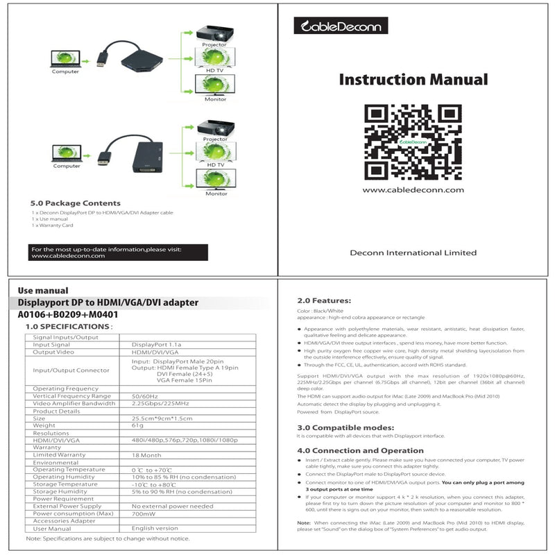 [Australia - AusPower] - CABLEDECONN Multi-Function Displayport Dp to HDMI/DVI/VGA Male to Female 3-in-1 Adapter Converter Cable DisplayPort to HDMI VGA DVI 