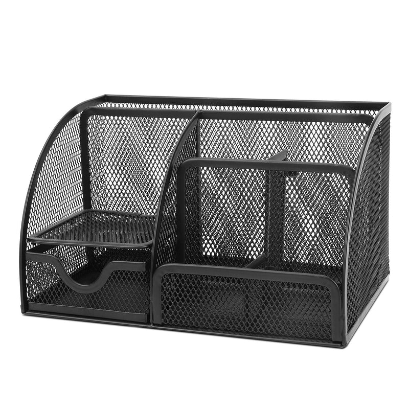 [Australia - AusPower] - Flexzion Desk Organizer Office Supplies Accessories Desktop Tabletop Sorter Shelf Pencil Holder Caddy Set - Metal Mesh with Drawer and 6 Compartments (Black) 