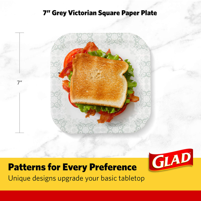 [Australia - AusPower] - Glad Square Disposable Paper Plates with Gray Victorian Print|Soak Proof, Cut-Proof, Microwaveable Heavy Duty Disposable Plates, 7 Inches, 50 Count|Square Plates, Party Paper Plates, Paper Plates Bulk 7" Plates - 50 Count 