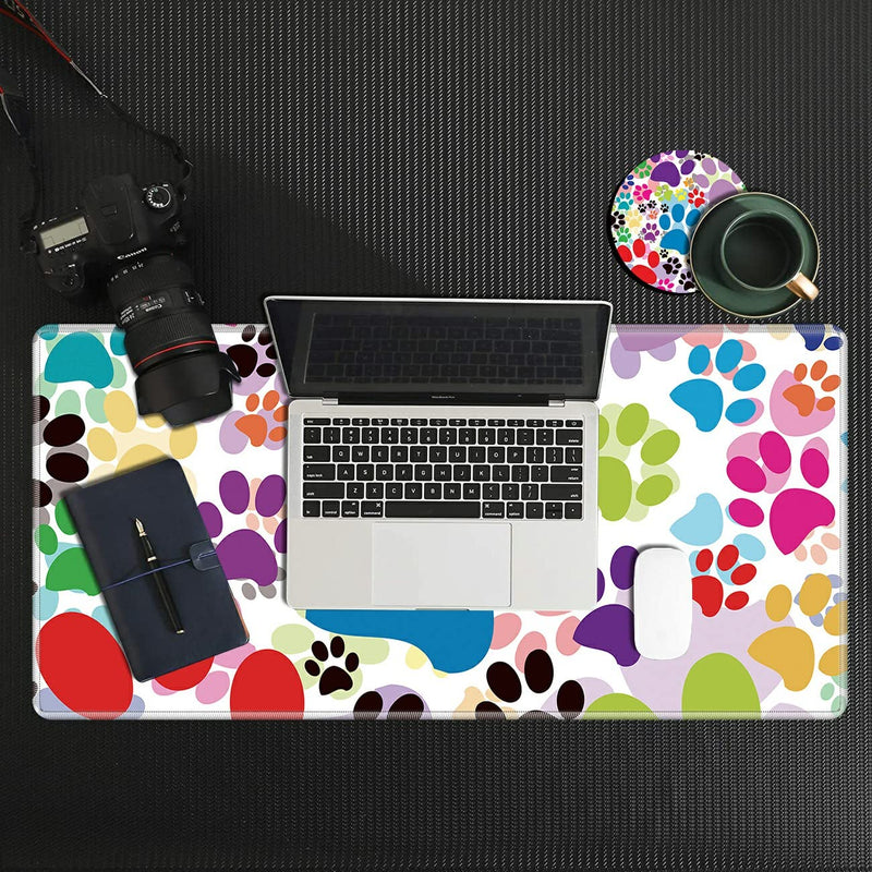 [Australia - AusPower] - Desk Pad, Dog Pawprint Multicolor Laptop Desk Mat,Long Large Gaming Mouse Pad with Stitched Edges Non-Slip Writing Mat Desk Blotter Protector for Office Home (with Coaster & Elephant Sticker) 