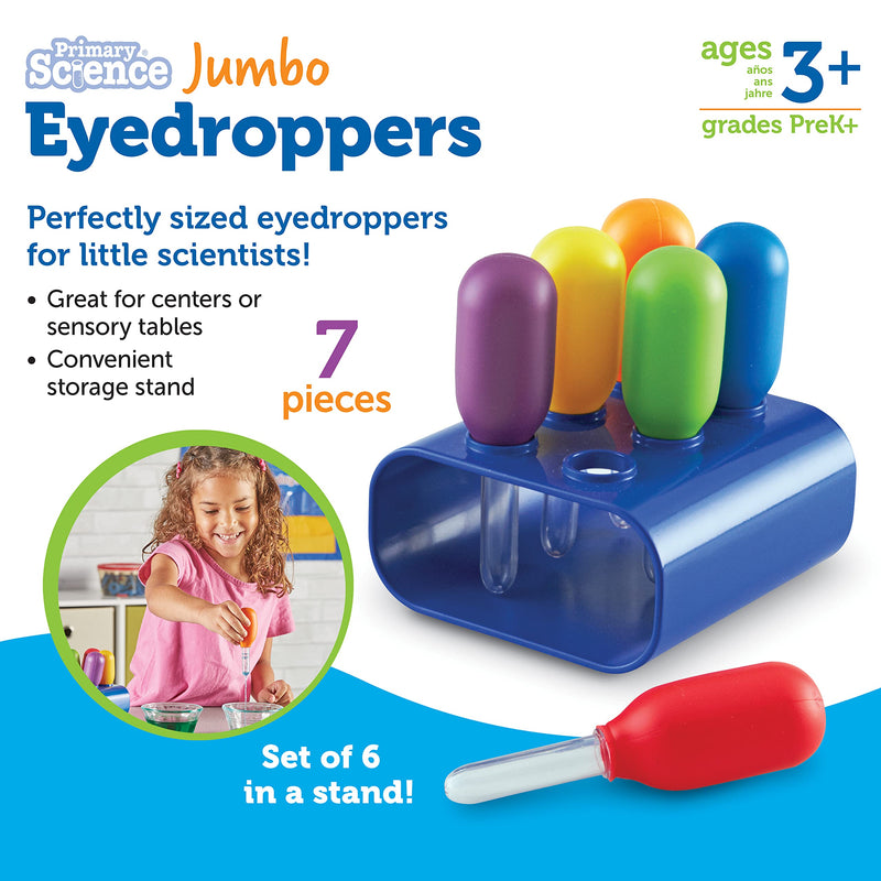 [Australia - AusPower] - Learning Resources Jumbo Colorful Eyedroppers - Set of 6 with Stand, Ages 3+ Science Class Tools, Preschool Science, Sensory Table Accessories, Toddler Science Goggles, Droppers for Kids 