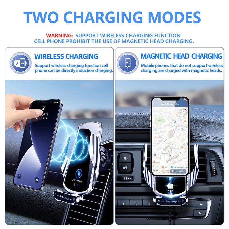 [Australia - AusPower] - FATRINN Wireless Car Charger Mount 15W Qi Fast Charging Auto Clamping Windshield Dashboard Suction Cup Air Vent Cell Phone Holder Bracket Compatible with All Apple iPhone Android Smartphone (Silver) silver 