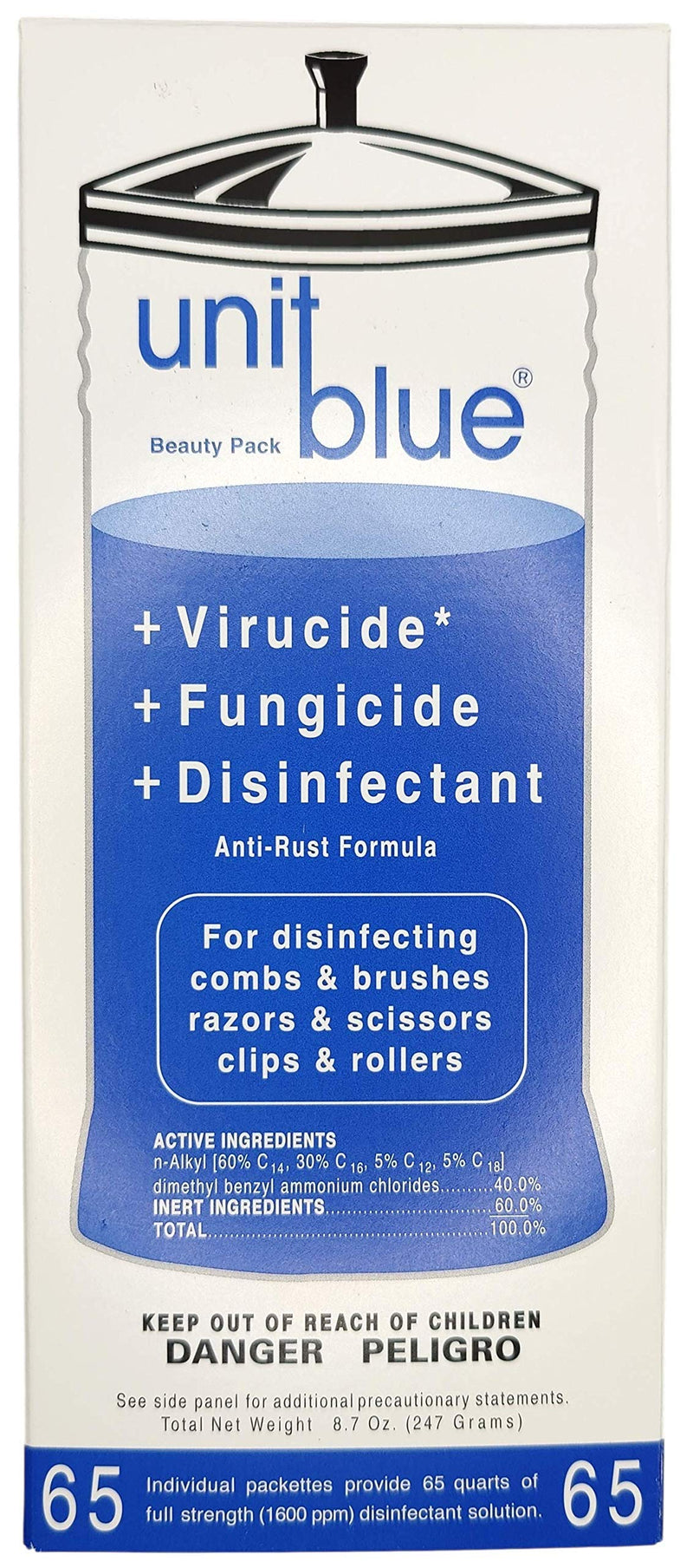 [Australia - AusPower] - Unit Blue Disinfectant Concentrate | Anti-Rust Formula | Perfect for Combs, Brushes, Scissors, Razors and more | 65 Sachets Make 65 Quarts of Solution | Virucide, Fungicide and Disinfectant 
