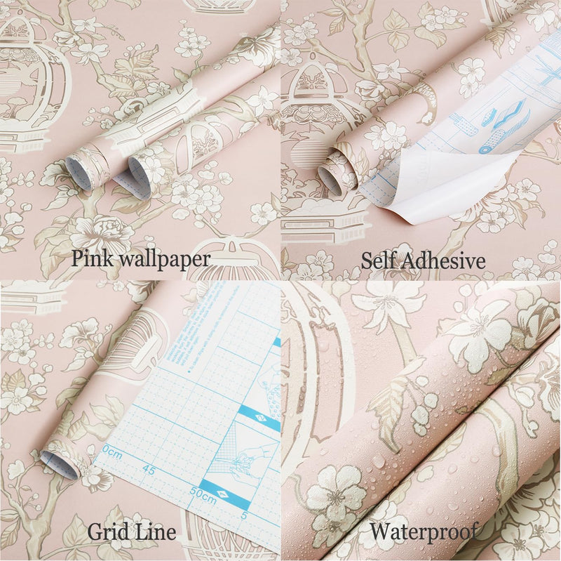 [Australia - AusPower] - Feisoon Pink Wallpaper Brown Bird Contact Paper Flower Peel and Stick Wallpaper Self Adhesive Wallpaper Birdcage Wallpaper Waterproof Removable Wallpaper for Cabinet Bedroom Laundry Decor 16.14â€x78.7 16.14"x78.7" 