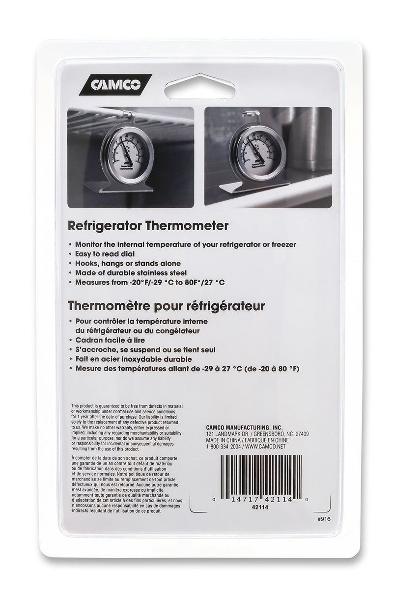 [Australia - AusPower] - Camco Durable Steel Refrigerator-Freezer Thermometer - Monitors the Internal Temperature of Your Refrigerator or Freezer, Hooks or Stands Alone (42114) 