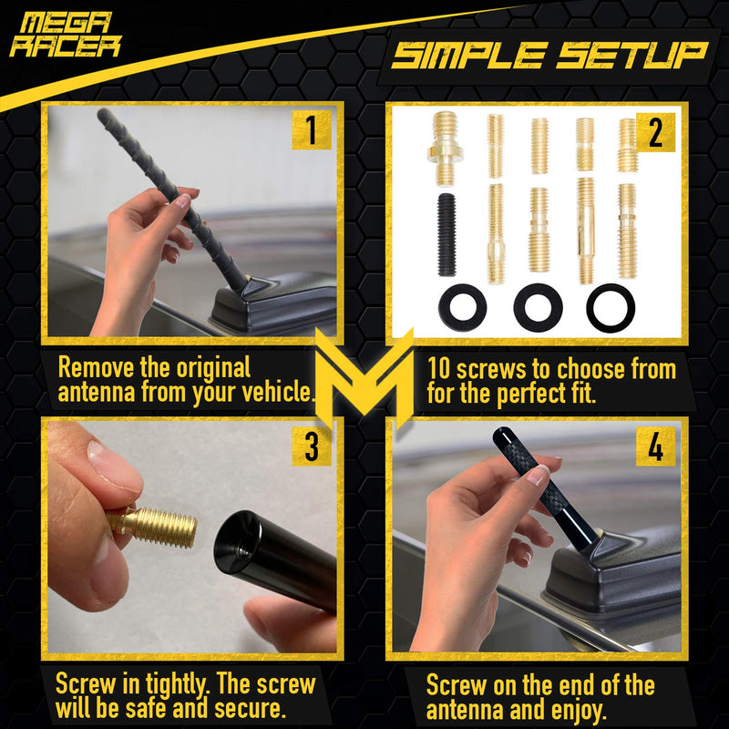 [Australia - AusPower] - Mega Racer 3" 76 mm Carbon Fiber Polished Finish Black Short Automotive Antenna with Internal Copper Coil AM FM Compatible for Car and Truck Vehicle, 1 Piece 