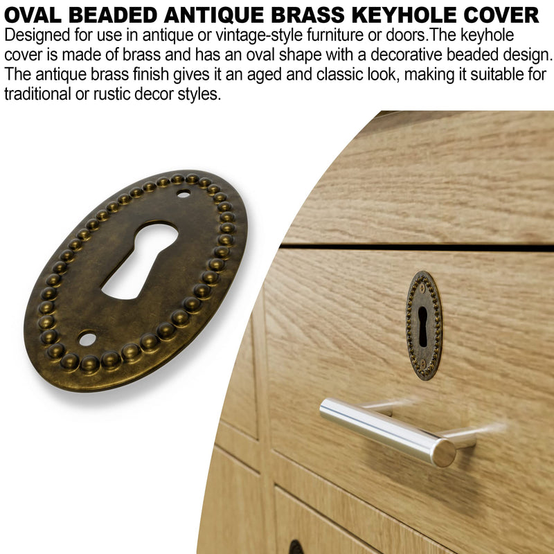 [Australia - AusPower] - B-260 K-11A Oval Beaded Antique Brass Keyhole Cover for Antique and Modern Furnitures with 2pcs Escutcheon Pins Included 
