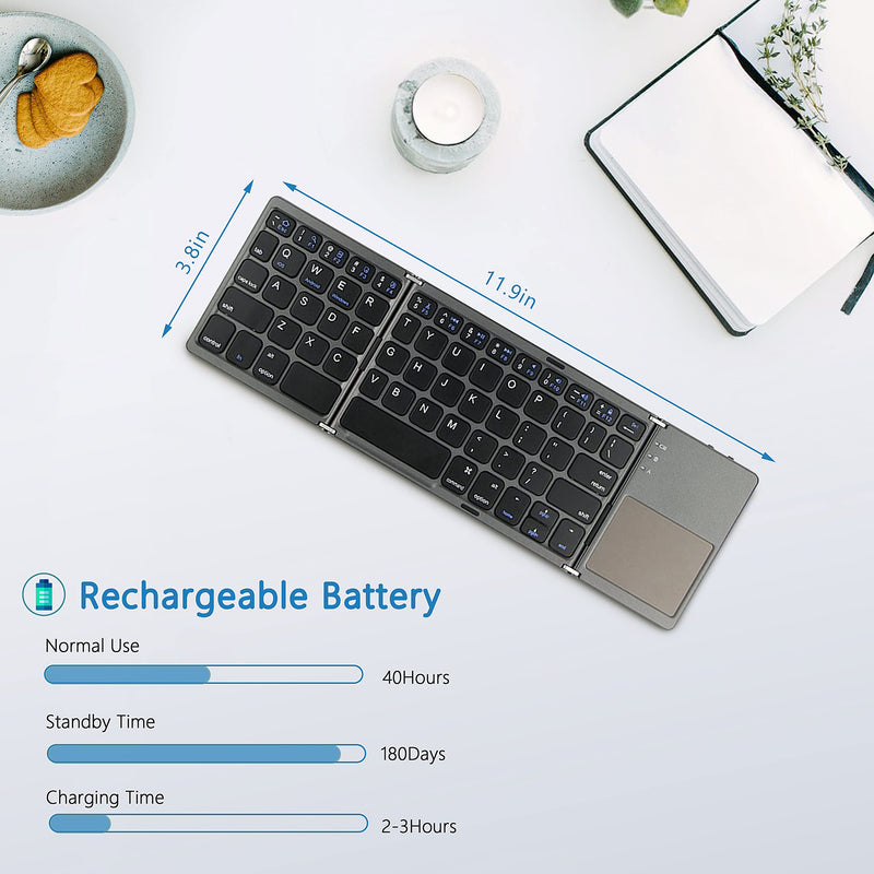 [Australia - AusPower] - Foldable Bluetooth Keyboard, Acoucou Wireless Bluetooth Keyboard with Touchpad, Pocket Size USB Rechargeable Bluetooth Keyboard Compatible with iOS, Windows, Android Smartphones, Tablets, Laptops etc. Grey 