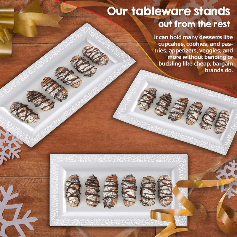 [Australia - AusPower] - Yumchikel-Decorative Plastic Serving Tray & Platter Set (4pk) - White Disposable Party Trays & Platters for Food - Weddings, Upscale Parties, Dessert Table, Cupcake display - 14"x7.5" inches 