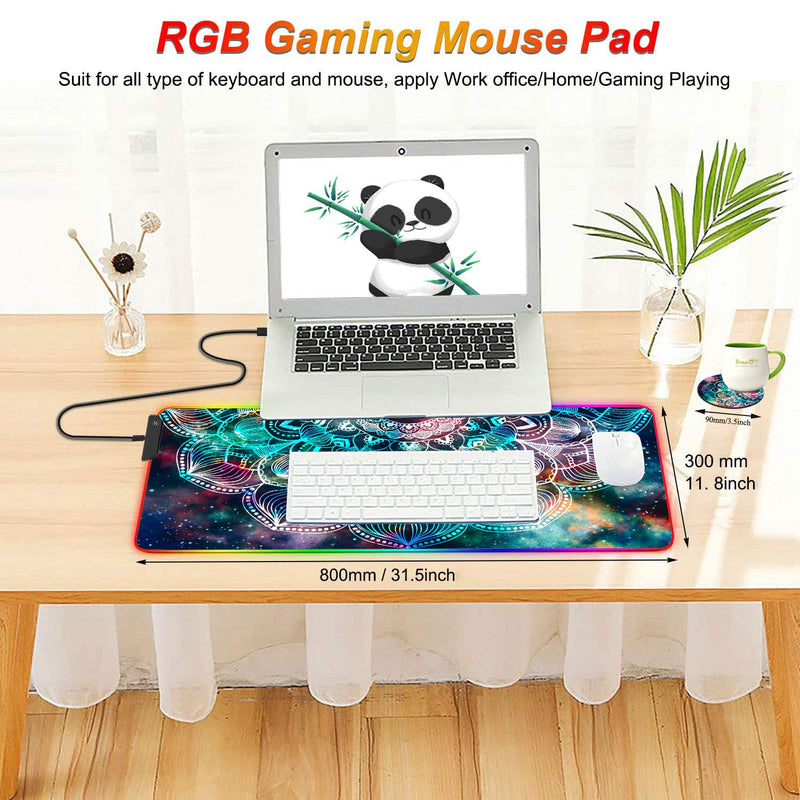 [Australia - AusPower] - RGB Gaming Mouse Pad and Coasters Set,Mandala in Galaxy Extended Soft Led Mouse Pad with 10 Lighting Modes, Anti-Slip Rubber Base,Computer Keyboard Mouse Mat 800 x 300mm / 31.5×11.8 inches Mandala in Galaxy 