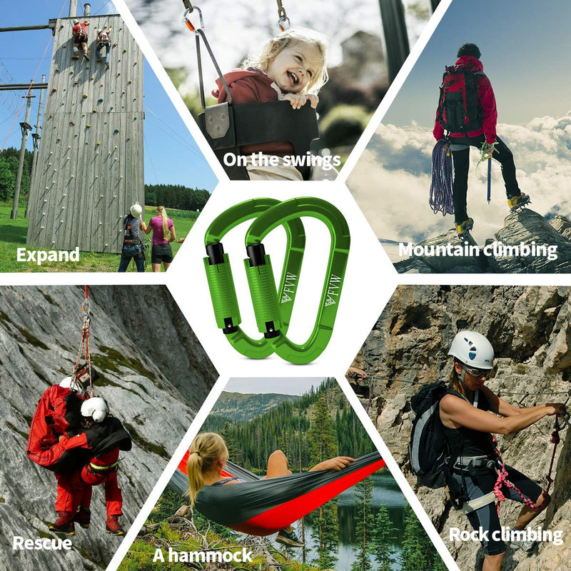 [Australia - AusPower] - FVW Auto Locking Rock Climbing Carabiner Clips,Professional 25KN (5620 lbs) Heavy Duty Caribeaners for Rappelling Swing Rescue & Gym etc, Large Carabiners, D-Shaped (Green),2Pak 