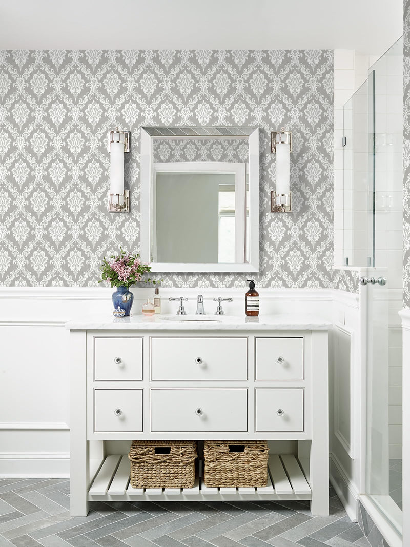 [Australia - AusPower] - Micpolo Peel and Stick Wallpaper Grey and White Contact Paper for Cabinets and Drawers Damask Wallpaper Removable Grey Peel and Stick Wallpaper for Bedroom Bathroom Shelf Liner Wall Decor 17.7"Ã—78" 17.7"X78" 