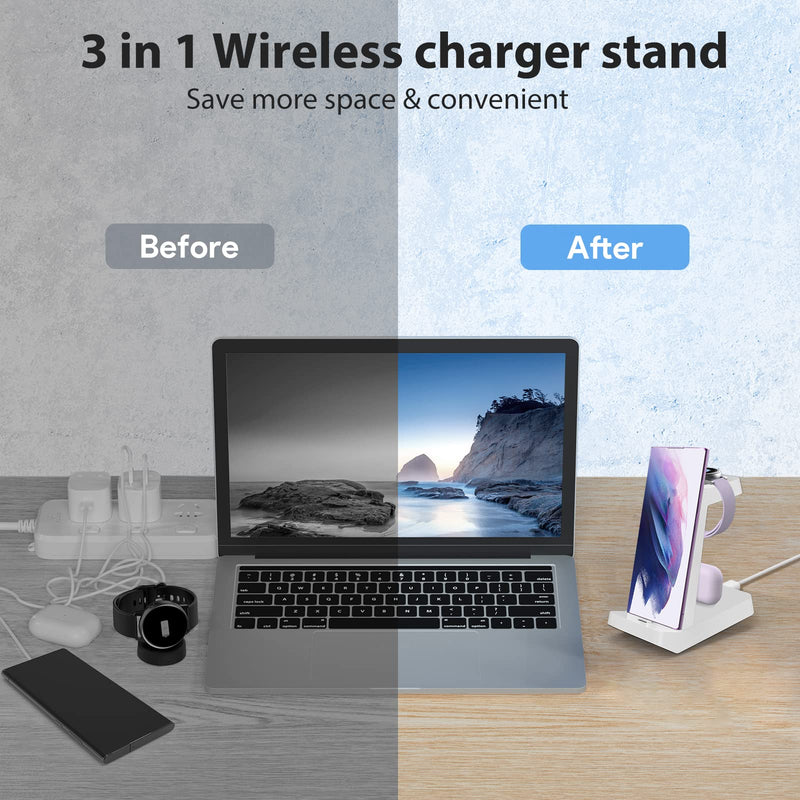 [Australia - AusPower] - Charging Station for Samsung: 3 in 1 Fast Wireless Charger Samsung Charging Station for Samsung S23 S22 Ultra S21 Z Fold 4 Z Flip 4 Watch 5 Pro 5/4/3/Active 2/1 Galaxy Buds with Friendly Charge Lamp White 