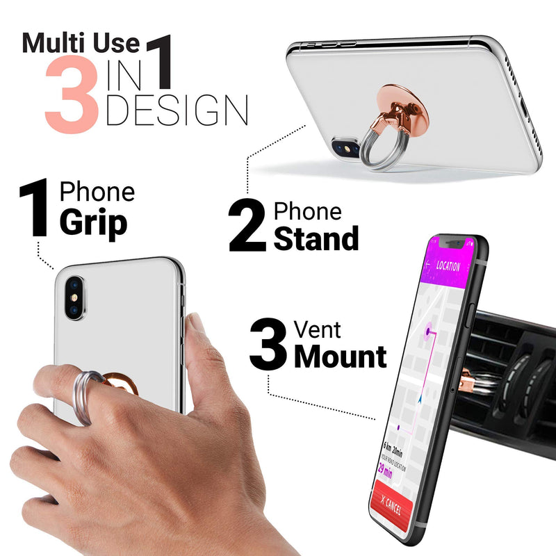 [Australia - AusPower] - Aduro Phone Ring Holder [3-in-1] - Phone Ring, Phone Stand, Phone Car Vent Mount, Finger Grip Phone Holder for All iPhone, Samsung Galaxy (Rose Gold) Rose Gold 