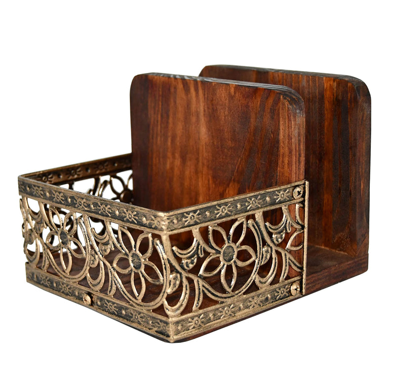 [Australia - AusPower] - Owlgift Two-in-one Rustic Brown Wood Condiment Tabletop Serving Caddy with Napkin Holder, Metal & Wooden Napkin Holder, Freestanding Salt & Pepper Napkin Holder, Malfunction Salt Pepper Storage Holder Brown & Bronze 