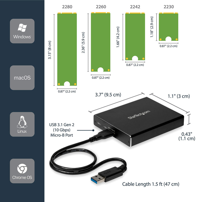 [Australia - AusPower] - StarTech.com Dual-Slot Hard Drive Enclosure for M.2 SATA SSDs - USB 3.1 (10Gbps) - Aluminum - M.2 to SATA - Raid Drive Enclosure (SM22BU31C3R) USB-A & USB-C Dual M.2 SATA 