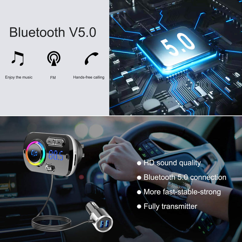[Australia - AusPower] - Bluetooth Car Adapter, QC3.0 Fast Car Charger Bluetooth 5.0 FM Transmitter for Car Wireless Radio Stereo Audio Receiver,MP3 Music Player Hand-Free Call 7 Colors LED Backlit Dual USB Ports TF Card AUX silver 