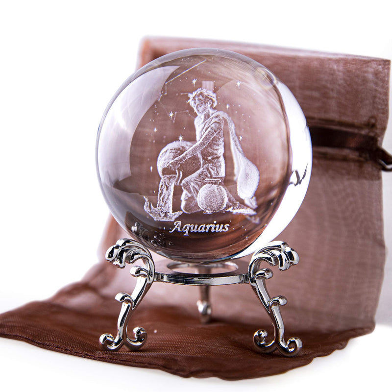 [Australia - AusPower] - 3D Laser Constellation Crystal Ball 60mm Crystal Paperweight Full Sphere Glass Fengshui With Sliver-Plated Flowering Stand(Aquarius) Aquarius 