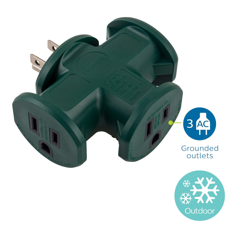 [Australia - AusPower] - Philips Accessories T-Shaped 3-Outlet Extender, 3-Prong Power Extender, Outdoor Grounded Wall Tap Adapter, Heavy Duty, for Inside or Outside, UL Listed, Green, SPS1630G/37, 1 Pack 3 Outlet 