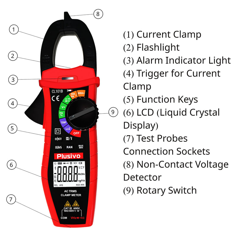 [Australia - AusPower] - Plusivo Digital T-RMS 6000 Counts, Multimeter, Non Contact Voltage Tester, Auto-ranging, Measures Current Voltage Temperature Capacitance Resistance Diodes Continuity Duty-Cycle (AC Clamp Meter) AC Clamp Meter 