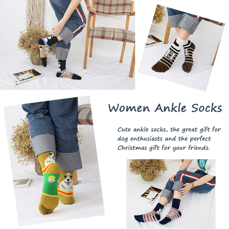 [Australia - AusPower] - Women's Toe Sock Cute Cat Dog Ankle Sock Cotton Athletic Running Five Finger Socks for Girls (5 Pairs) Multicolored 3 6-10 