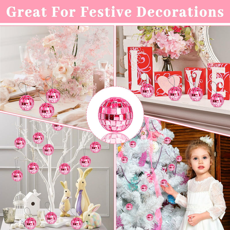 [Australia - AusPower] - Newmemo Pink Disco Ball 24 Pcs Hanging Mirror Disco Balls Pink Mini Disco Balls Ornaments Reflective Mirror Ball Cake Decoration with Rope Christmas Tree Wedding Dance Music Festivals Decor 