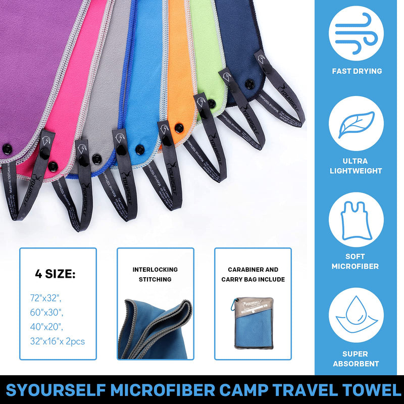 [Australia - AusPower] - SYOURSELF Microfiber Towels,Travel Towel,Camping Towel-Quick Dry Super Absorbent Sweat Towel,Compact Backpacking Towel for Gym,Fitness,Hot Yoga,Workout+Travel Bag(S,M,L,XL) Blue S: 32"x16" 2 Pack 