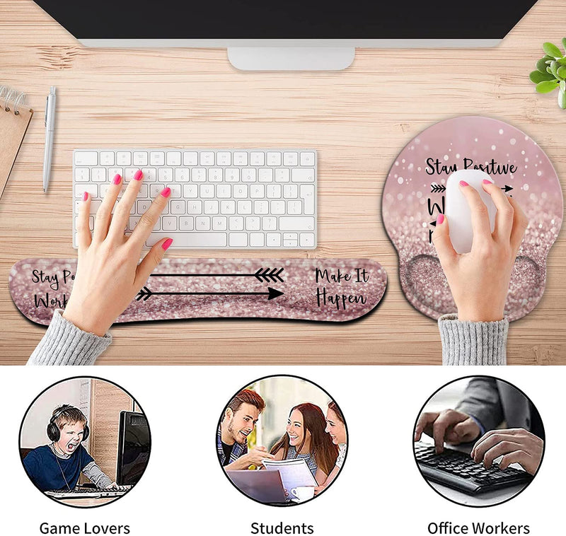 [Australia - AusPower] - Ergonomic Mouse Pad Wrist Support Gel and Keyboard Wrist Rest Set for Laptop , Gaming and Office, Durable, Comfortable and Pain Relief + Coaster,Stay Positive Work Hard and Make It Happen Pink Glitter 