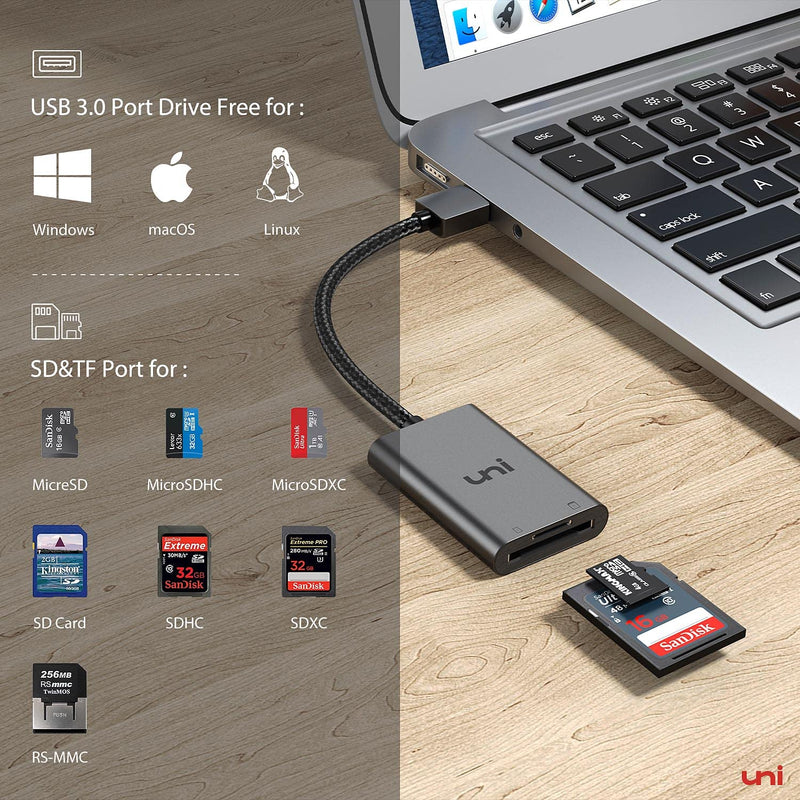 [Australia - AusPower] - SD Card Reader, uni USB 3.0 to SD/Micro SD Card Adapter, Aluminum High Speed USB to External Memory Card Readers for SD, SDXC, SDHC, MMC, RS-MMC, Micro SDXC, MicroSD, Micro SDHC, and UHS-I Cards 